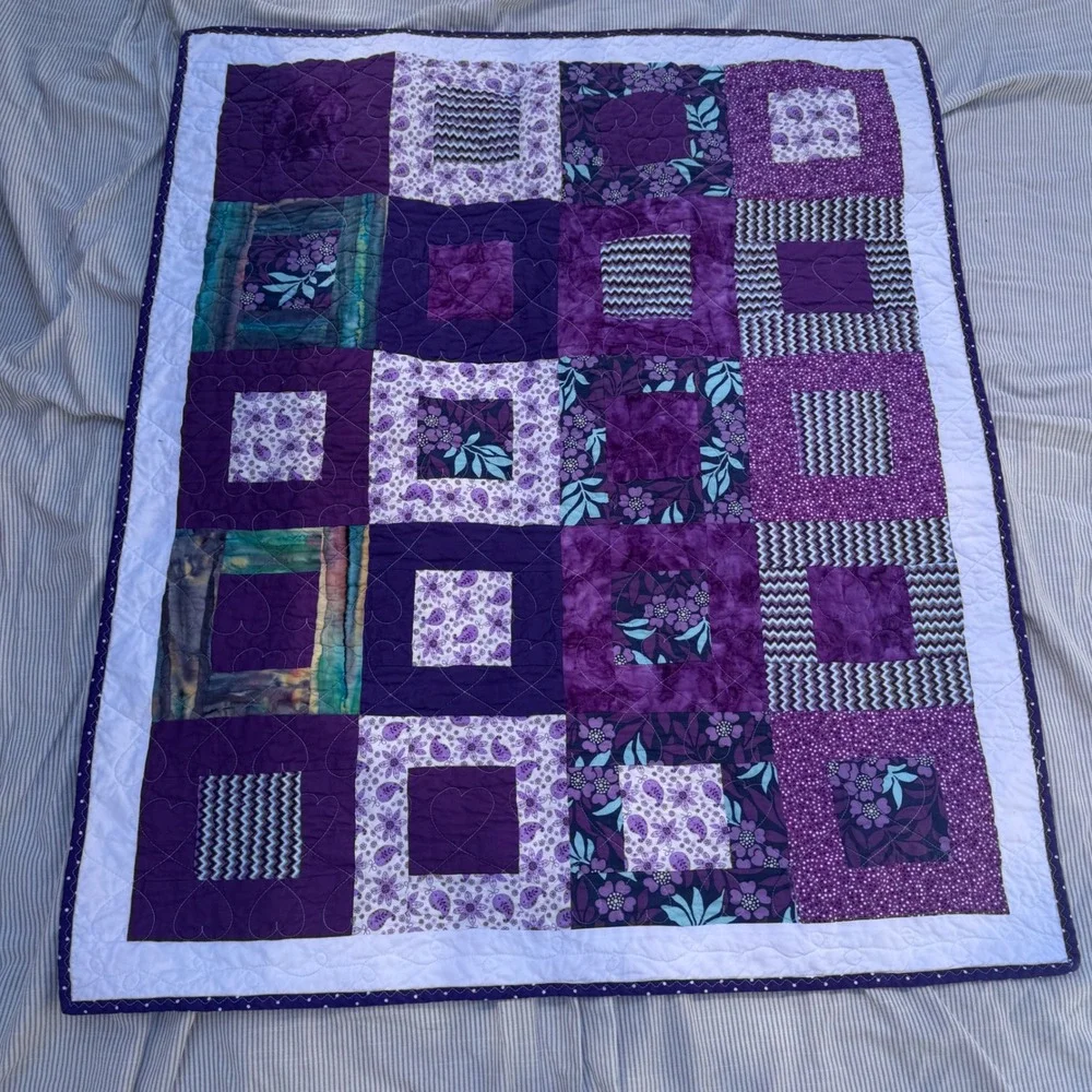 Handmade Patchwork Quilt 35x41 Purple Floral Minky Fleece Tie Dye Boho Baby